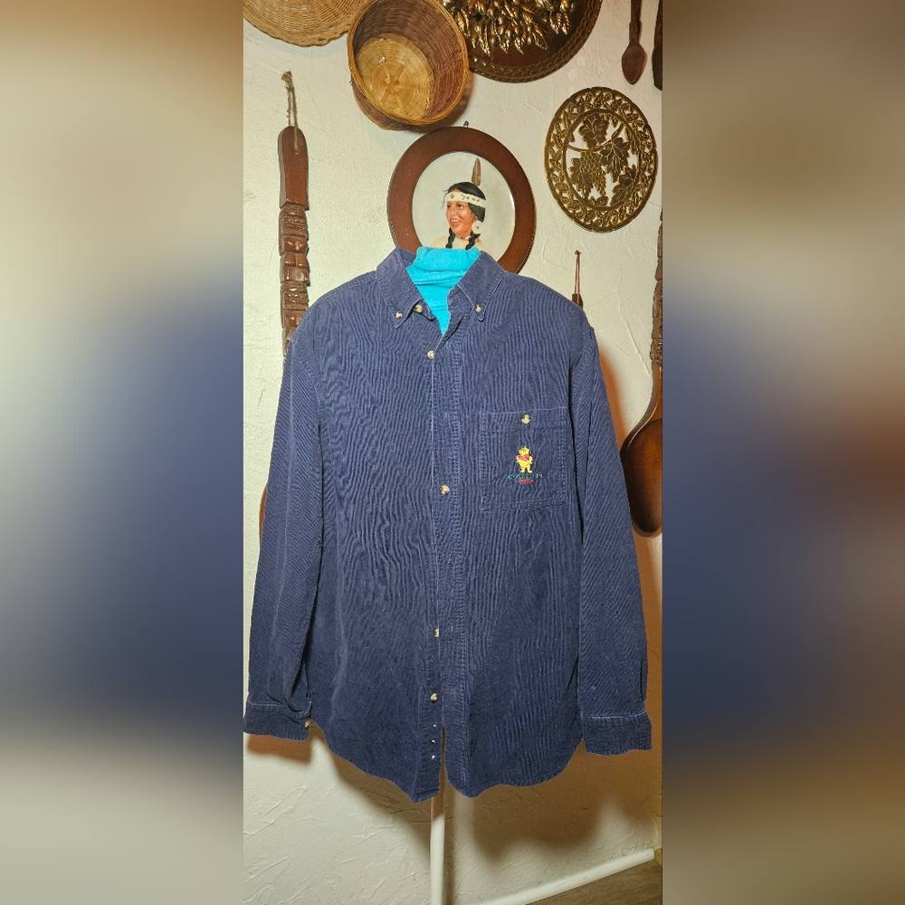 VTG Winnie The Pooh Button Down Shirt S Navy Blue Corduroy Embroidered Pooh Bear